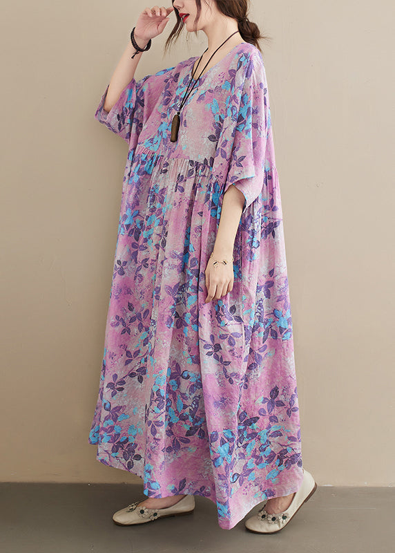 Botanical Print Round Neck Drop Shoulder Short Sleeve Empire Waist Smock Maxi Dress