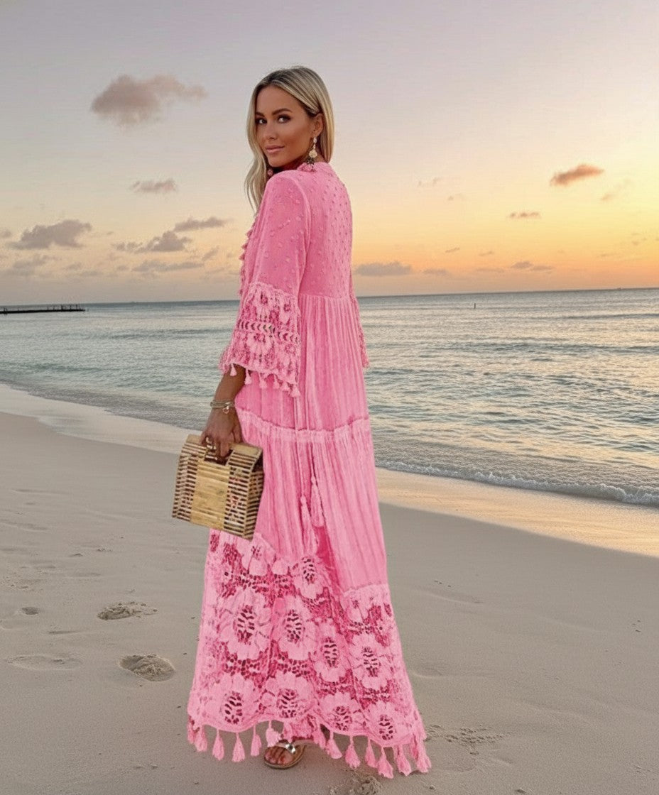 Deep V-Neck Tassel Trim Lace Insert Bell Sleeve Tiered Drawstring Dress