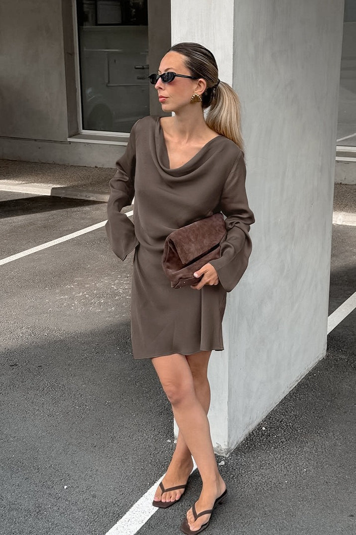 Vintage Satin Cowl Neck Long Sleeve Mini Dress - View 2