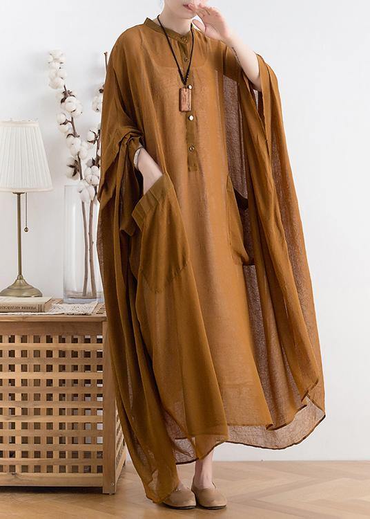 Batwing Sleeve Band Collar Button Front Patch Pocket Kaftan Maxi Dress