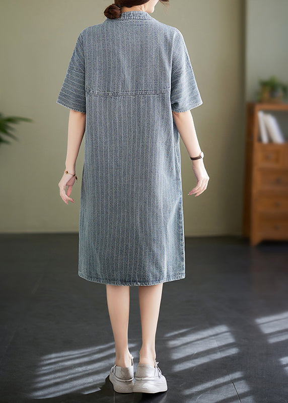 Striped Denim Mandarin Collar Button Down Short Sleeve Shirt Dress