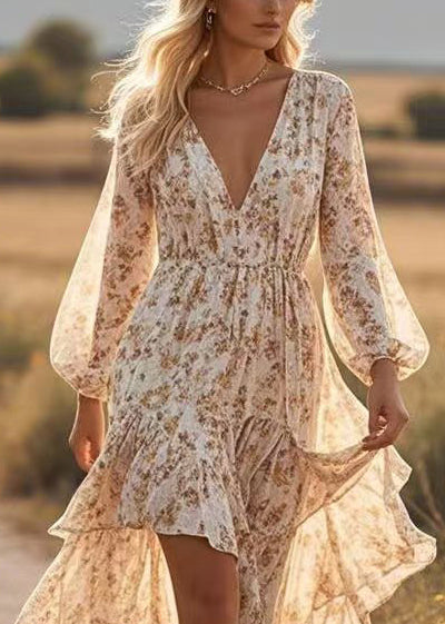 Floral Deep V-Neck Balloon Sleeve High Low Ruffle Tier Midi Dress