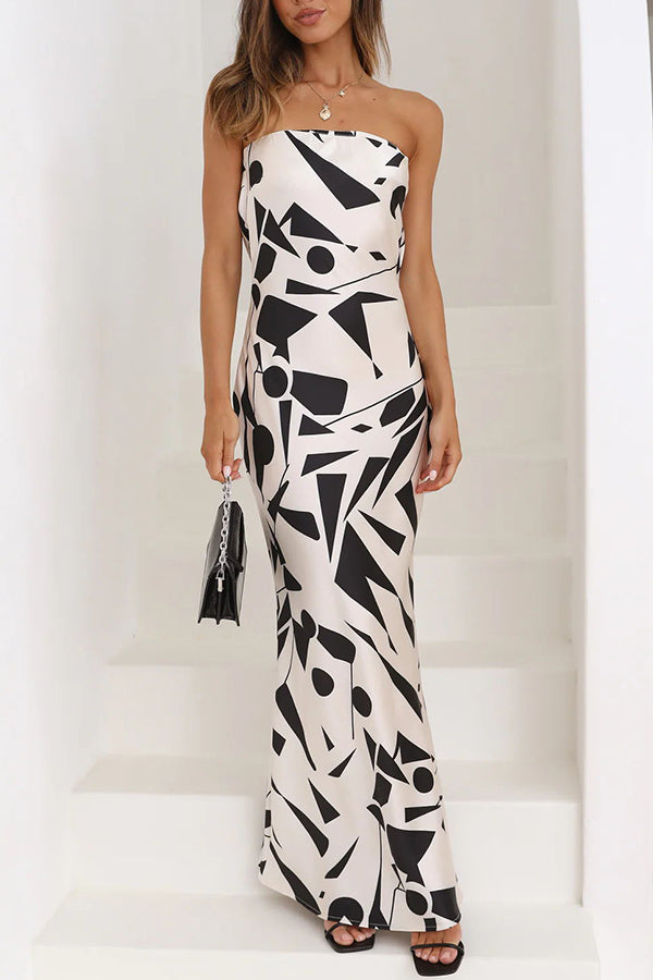 Cassy Satin Geometric Print Off Shoulder Maxi Dress - View 2