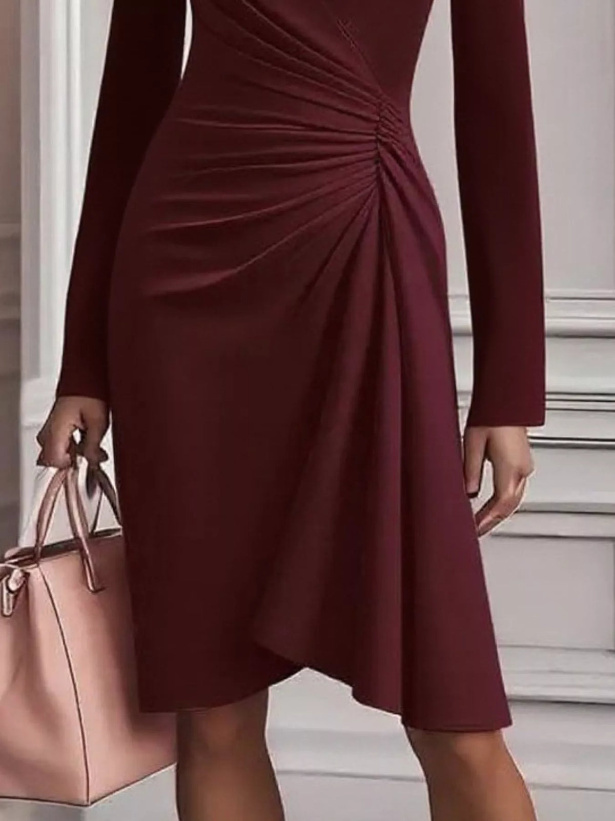 Satin Surplice V-Neck Long Sleeve Ruched Side Wrap Midi Dress 12