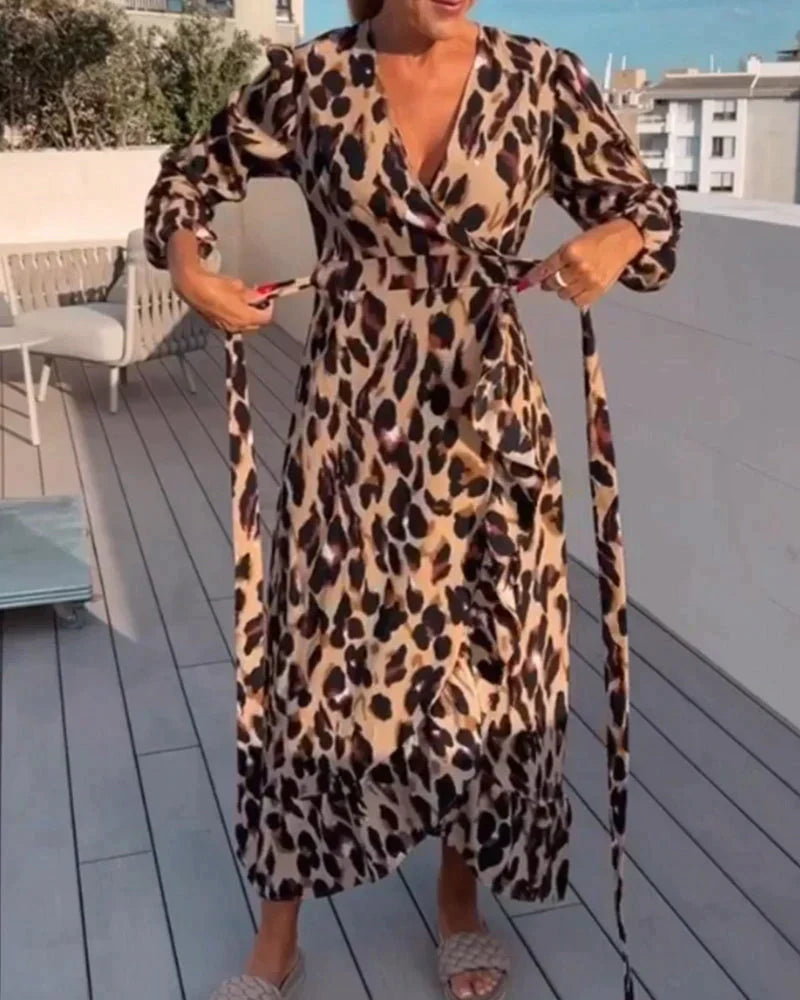 Exuperancia V-neck Leopard Print Dress for Women Weekend Casual Style