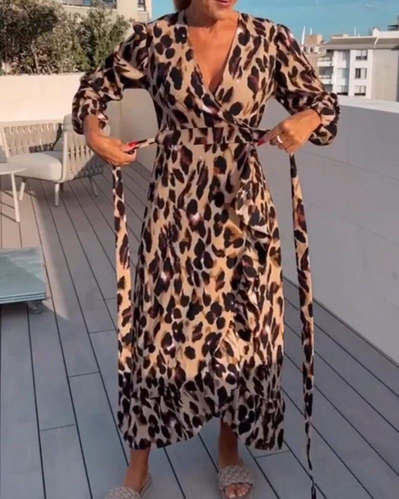 Leopard Print V-Neck Wrap Puff Sleeve Tie Waist Ruffle Trim Midi Dress