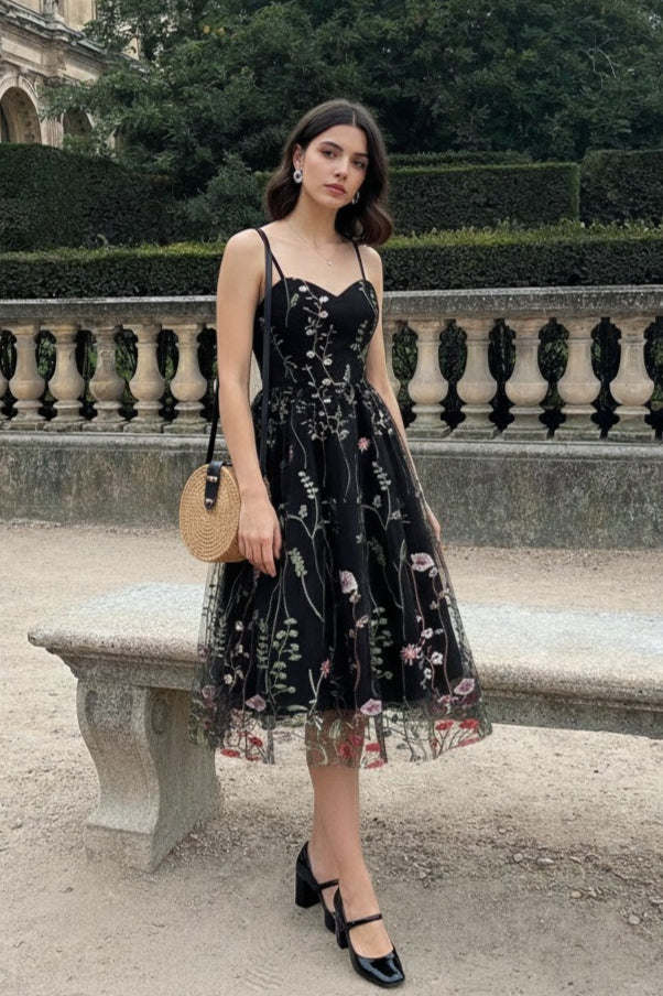 Floral Embroidered Tulle Sweetheart Spaghetti Strap Fit and Flare Midi Dress