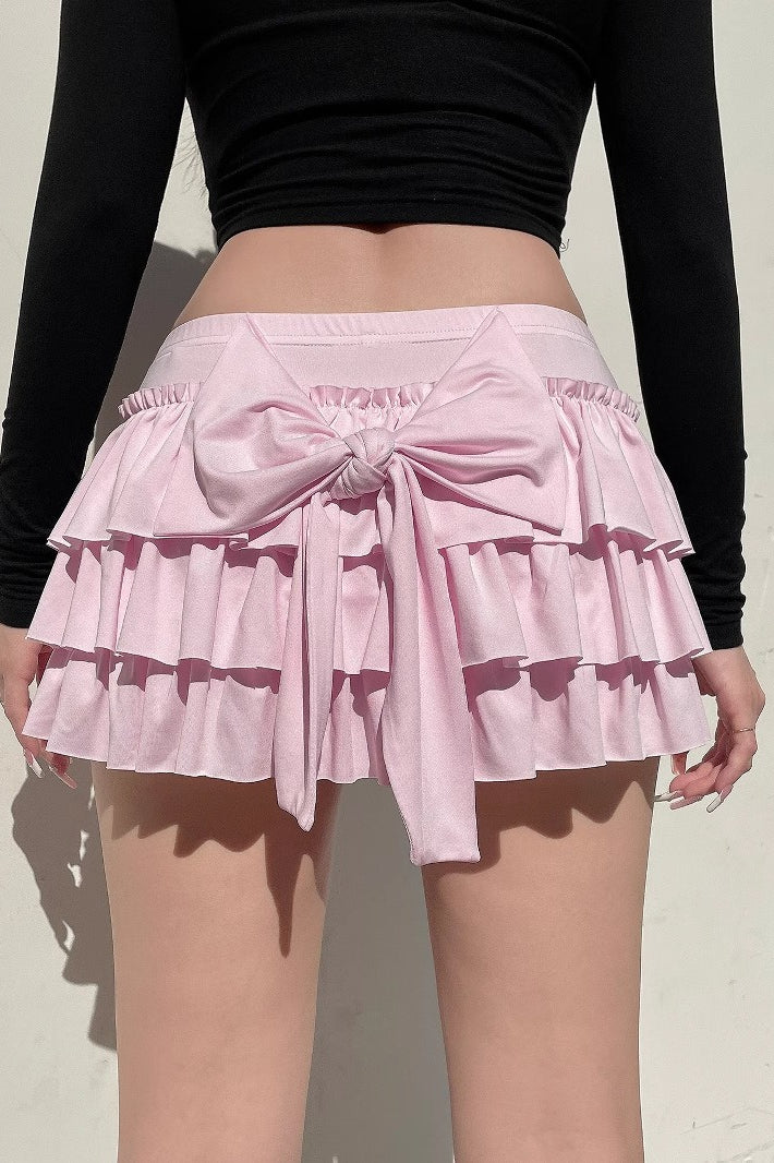 Low-Rise Pleated Denim Mini Skort