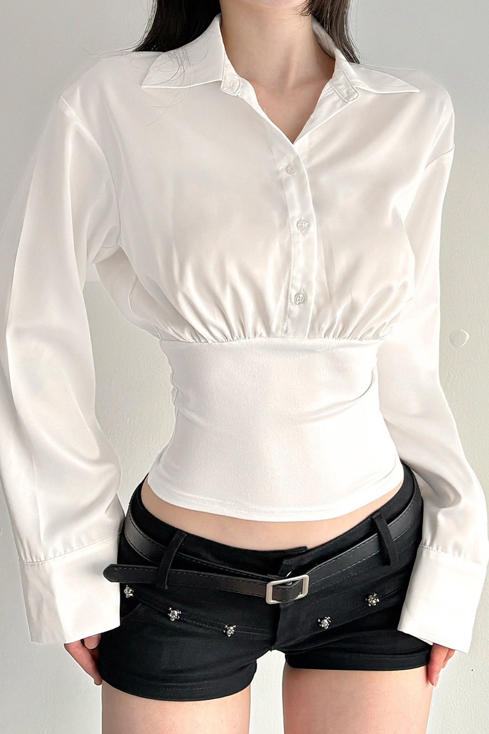 Collared Flare Sleeve Button Front Oversized Cropped Shirt 5
