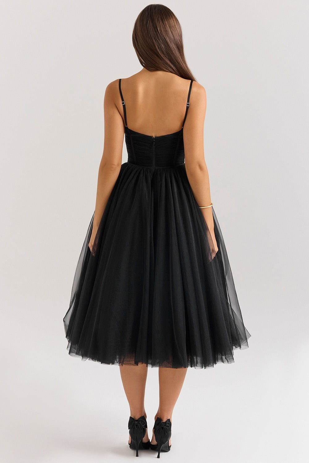 Tulle Sweetheart Spaghetti Strap Corset Fit and Flare Midi Dress