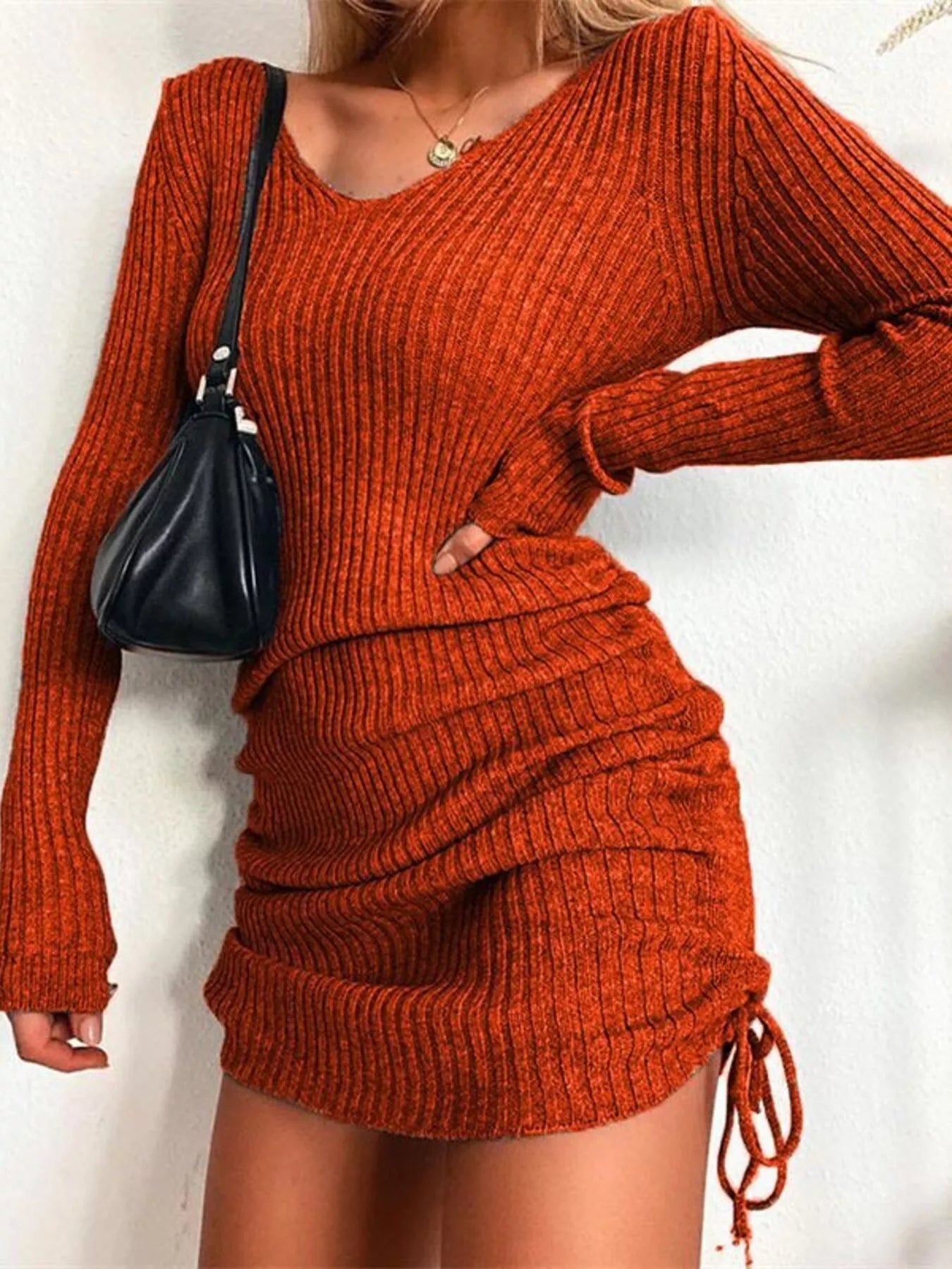 Full Size Ribbed Knit Drawstring Bodycon Sweater Dress Plus Size Orange-red