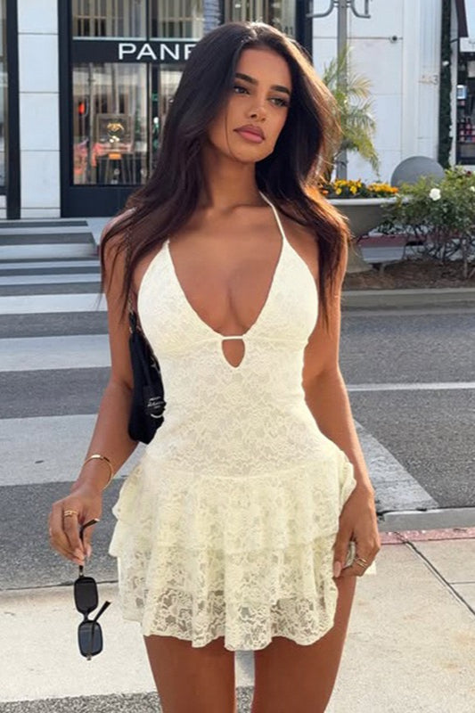 Lace Halter Neck Deep V-Neck Tiered Ruffle Mini Dress