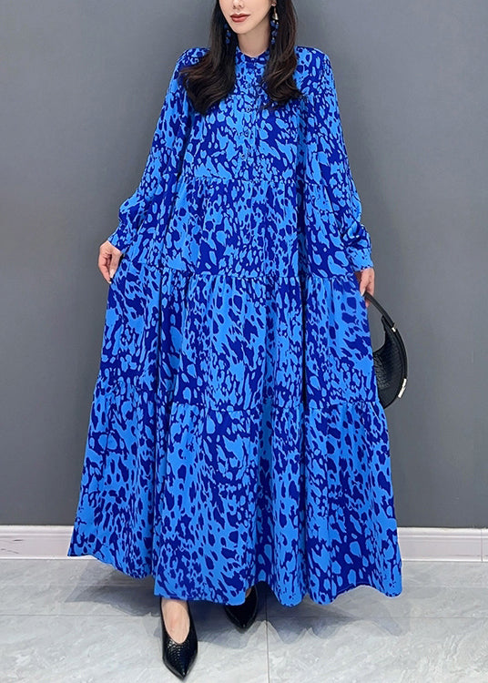 Abstract Print Mandarin Collar Button Front Tiered Long Sleeve Oversized Maxi Dress