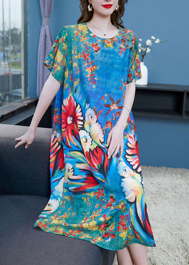 Floral Print Crew Neck Short Sleeve Patchwork Midi Shift Dress