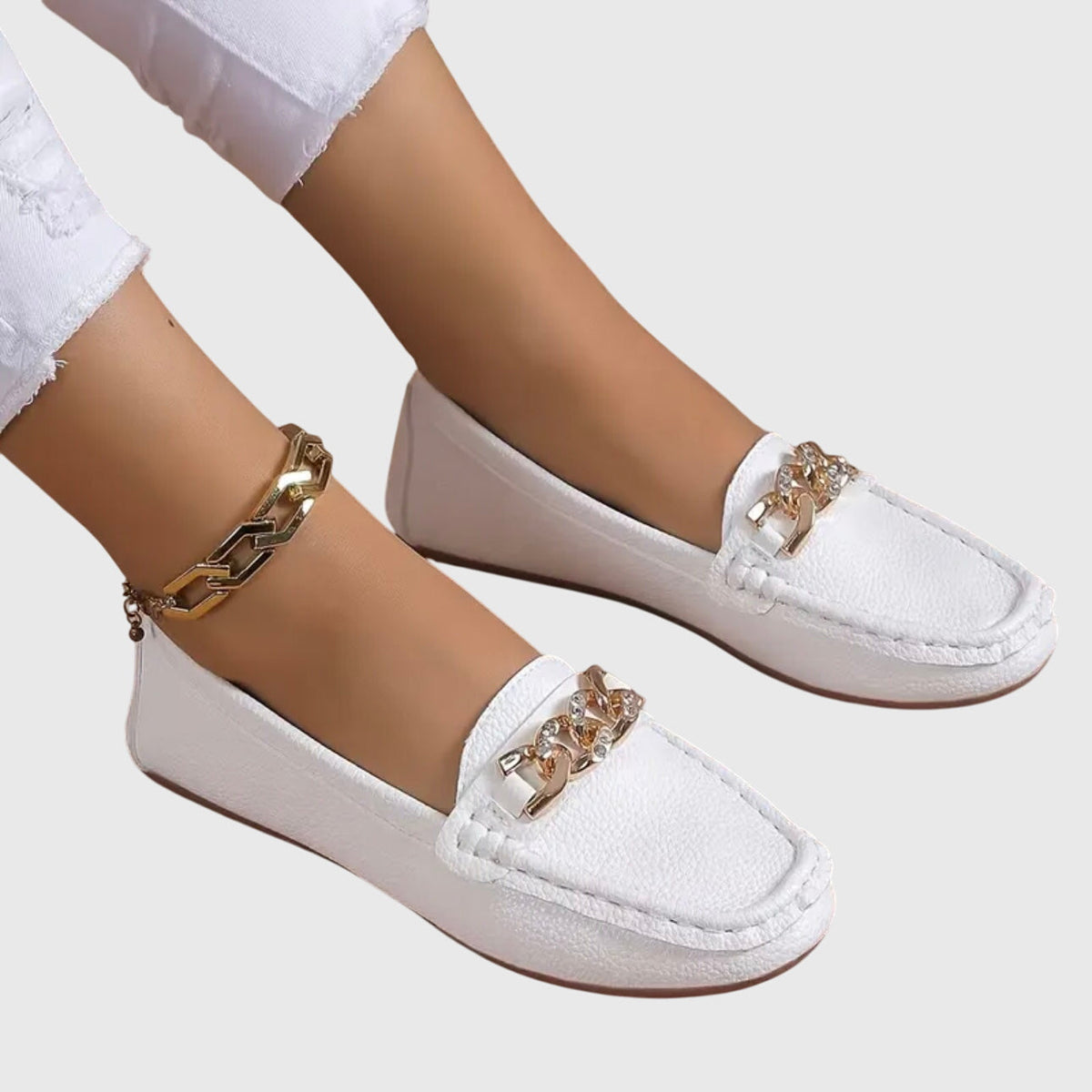 Chain Embellished Round Toe Slip On Loafers