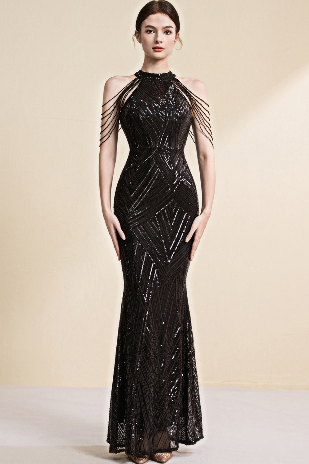 Sequin Halter Neck Fringe Trim Mermaid Maxi Gown - View 6