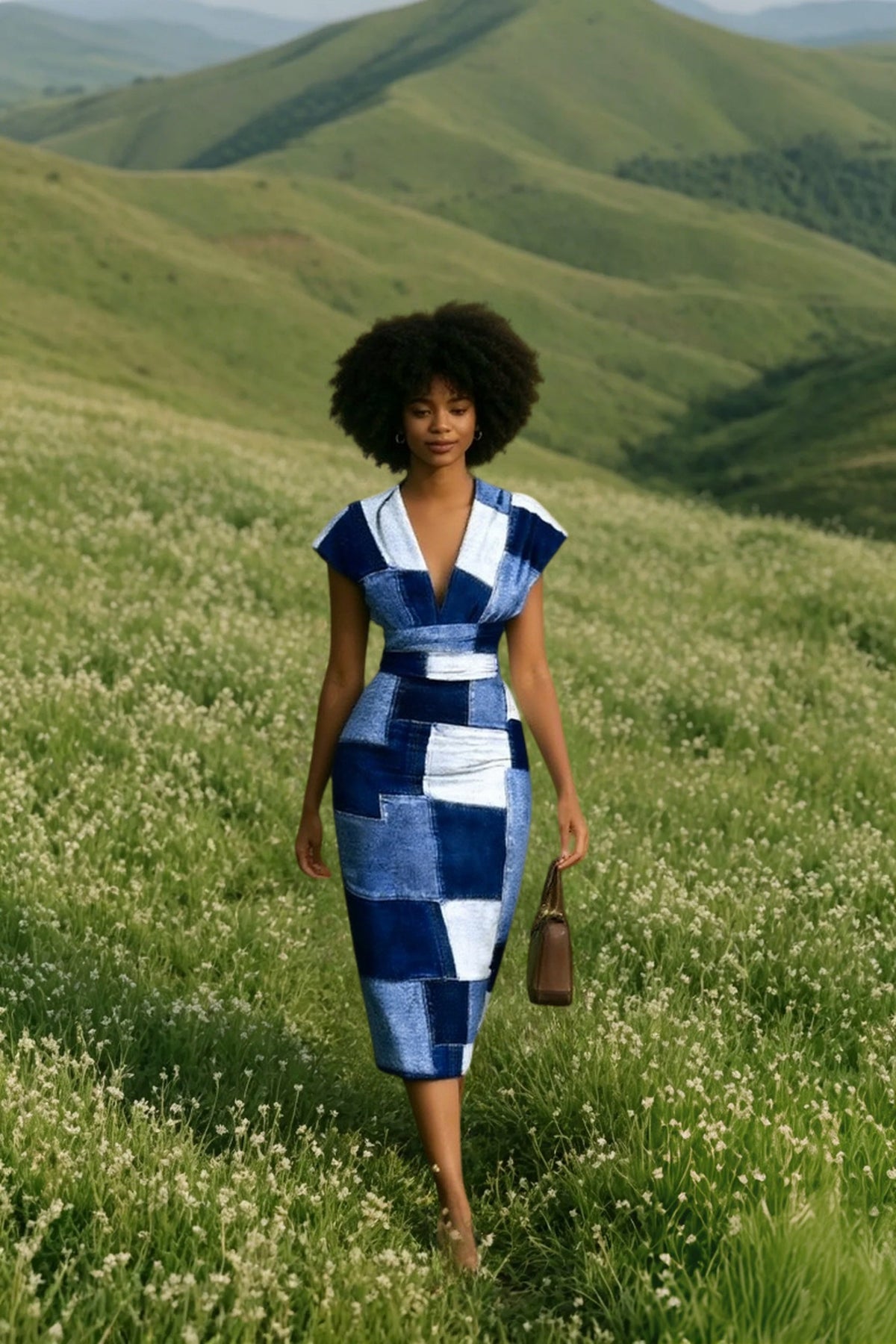 Patchwork Denim-Look V-Neck Cap Sleeve Tie Waist Midi Dress