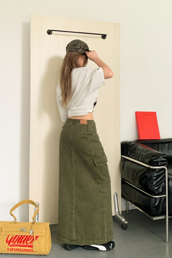 High Waist Cargo Pocket Front Slit Straight Maxi Skirt 6
