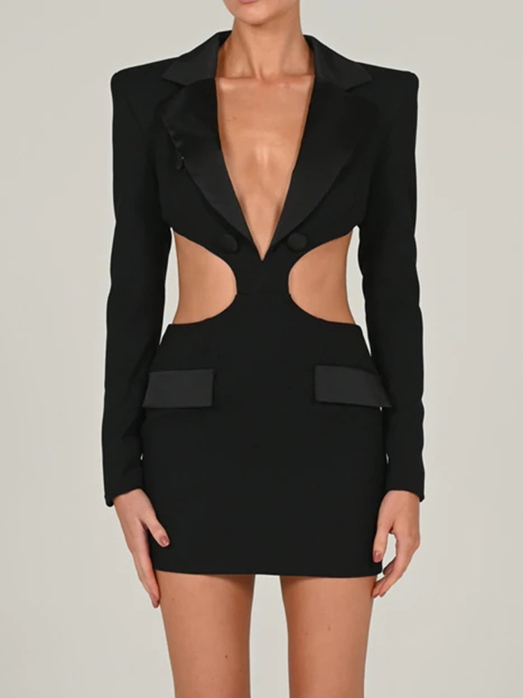 Deep V-Neck Long Sleeve Contrast Lapel Cut Out Blazer Mini Dress 5
