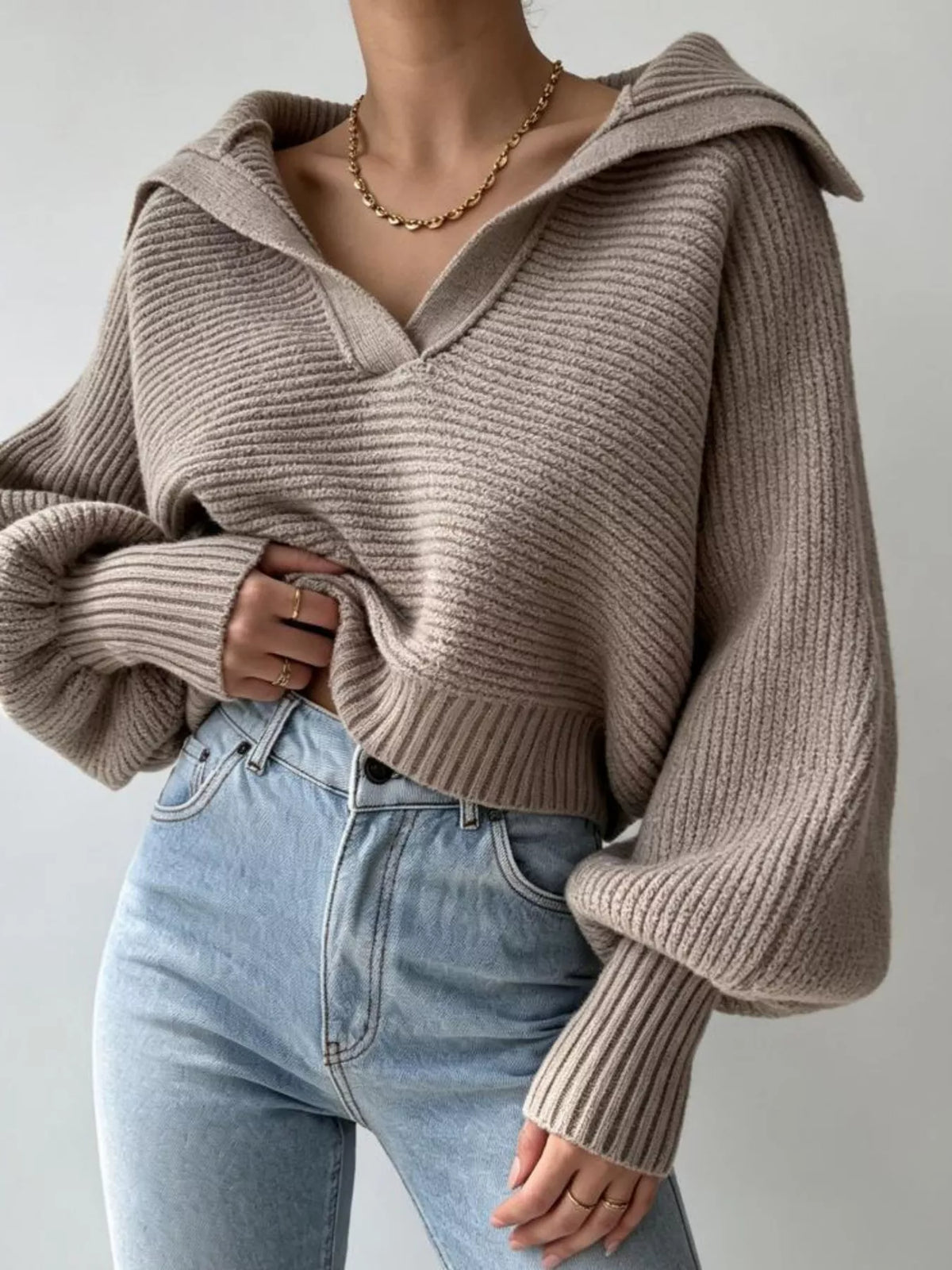 Oversized Sailor Collar V-Neck Lantern Sleeve Ribbed Knit Cropped Sweater 3