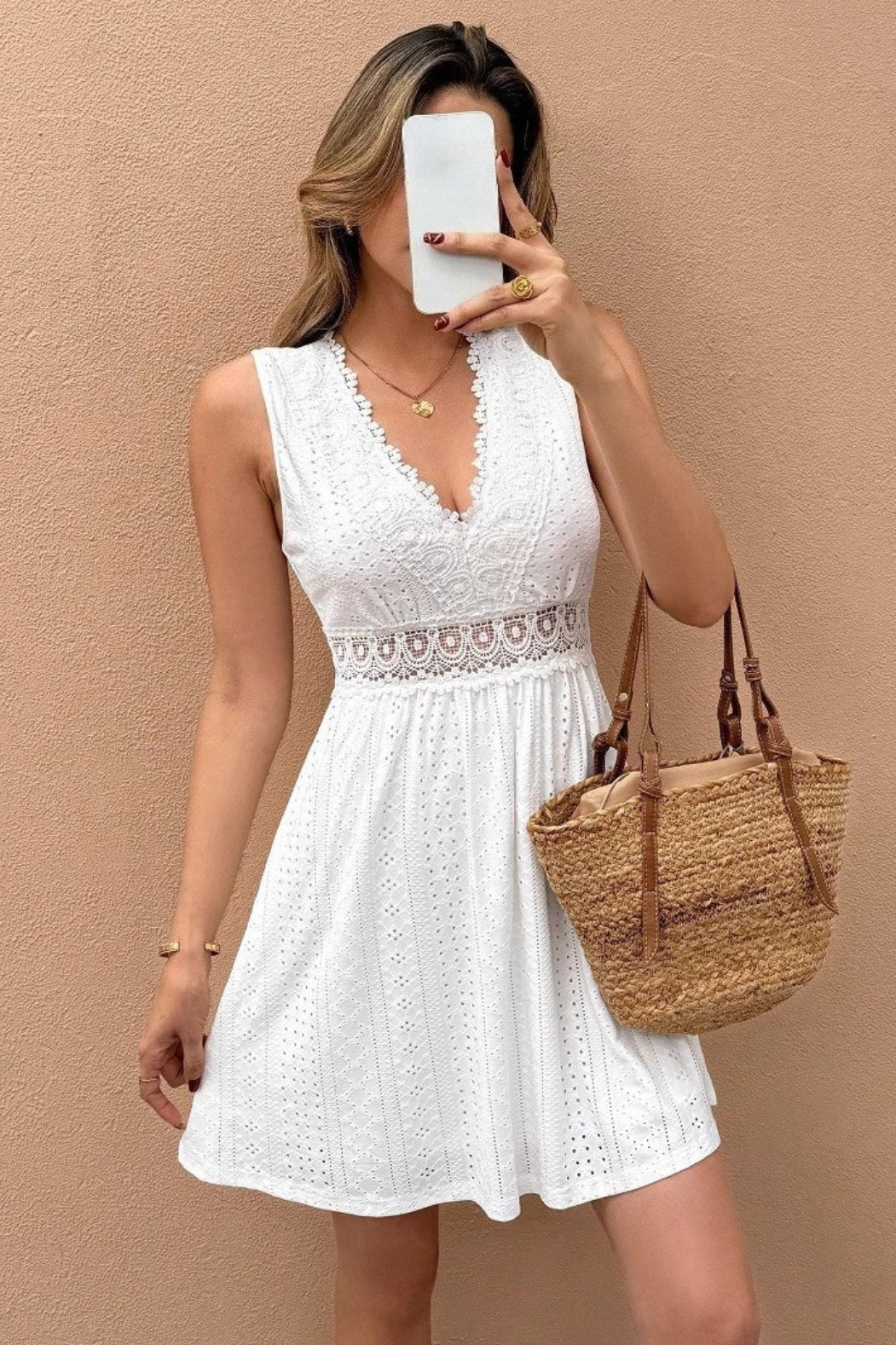 Sleeveless V-Neck Lace Crochet Eyelet Fit and Flare Mini Dress
