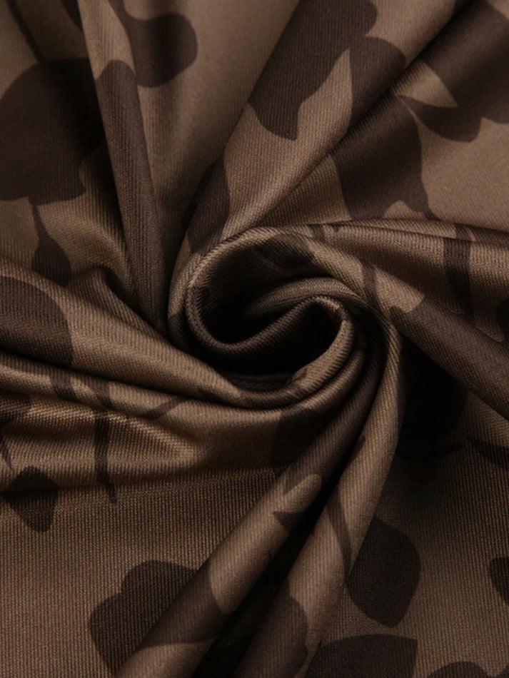 Brown Signature Print Trumpet Sleeve Maxi Dress