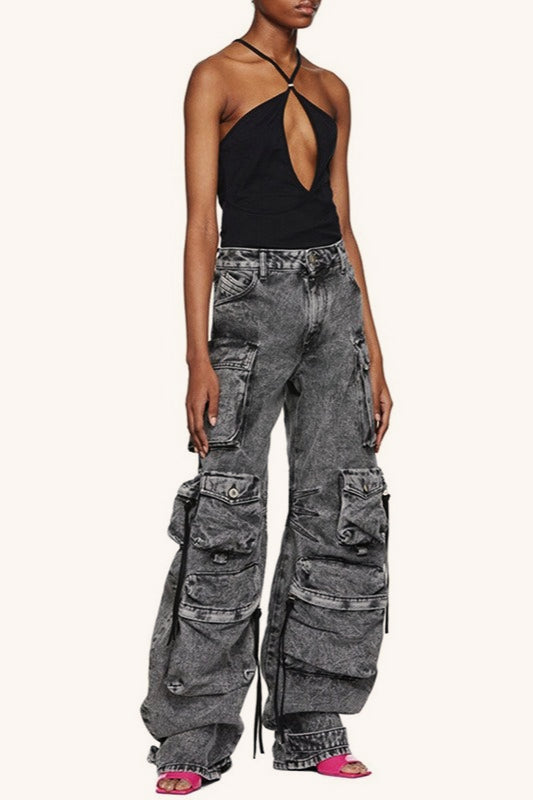 Acid Wash Denim Multi Pocket Wide Leg Cargo Jeans