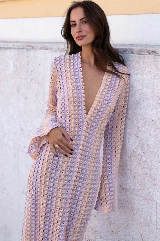 Knit Deep V-Neck Bell Sleeve High Split Maxi Dress