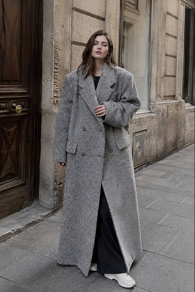Oversized Double Breasted Notched Lapel Longline Wool-Look Coat