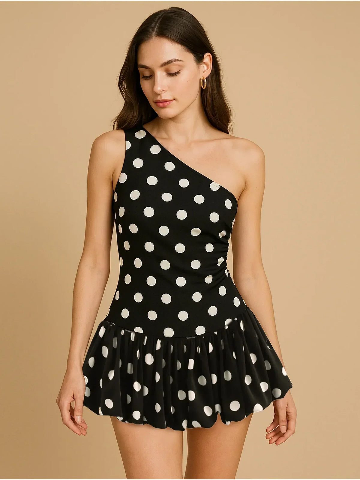Polka Dot One Shoulder Drop Waist Bubble Hem Mini Dress