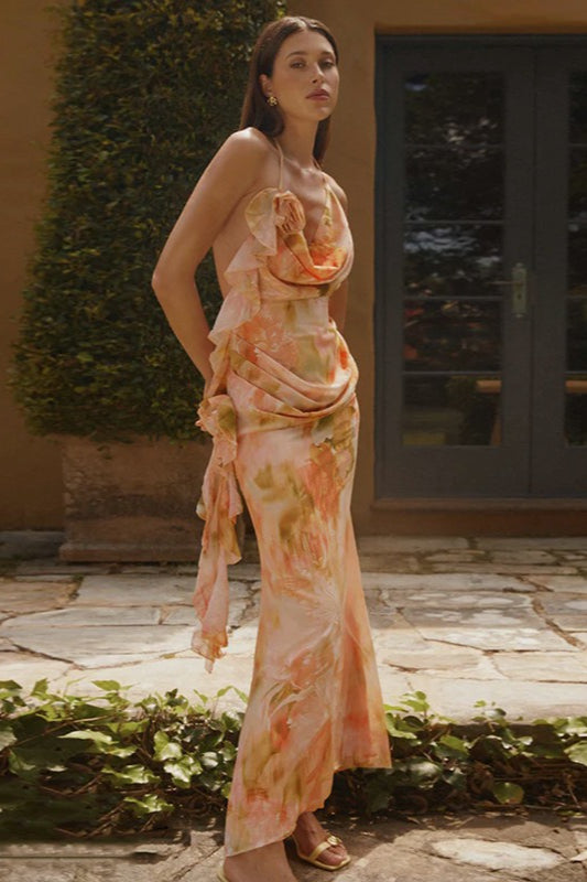Floral Chiffon Cowl Neck Ruffle Slip Maxi Dress