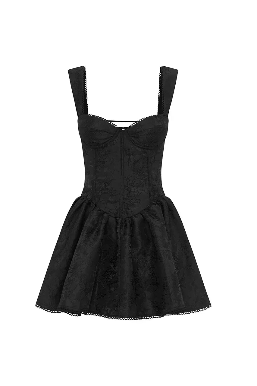 Jacquard Bustier Corset Bodice Picot Trim Full Skirt Mini Dress 4