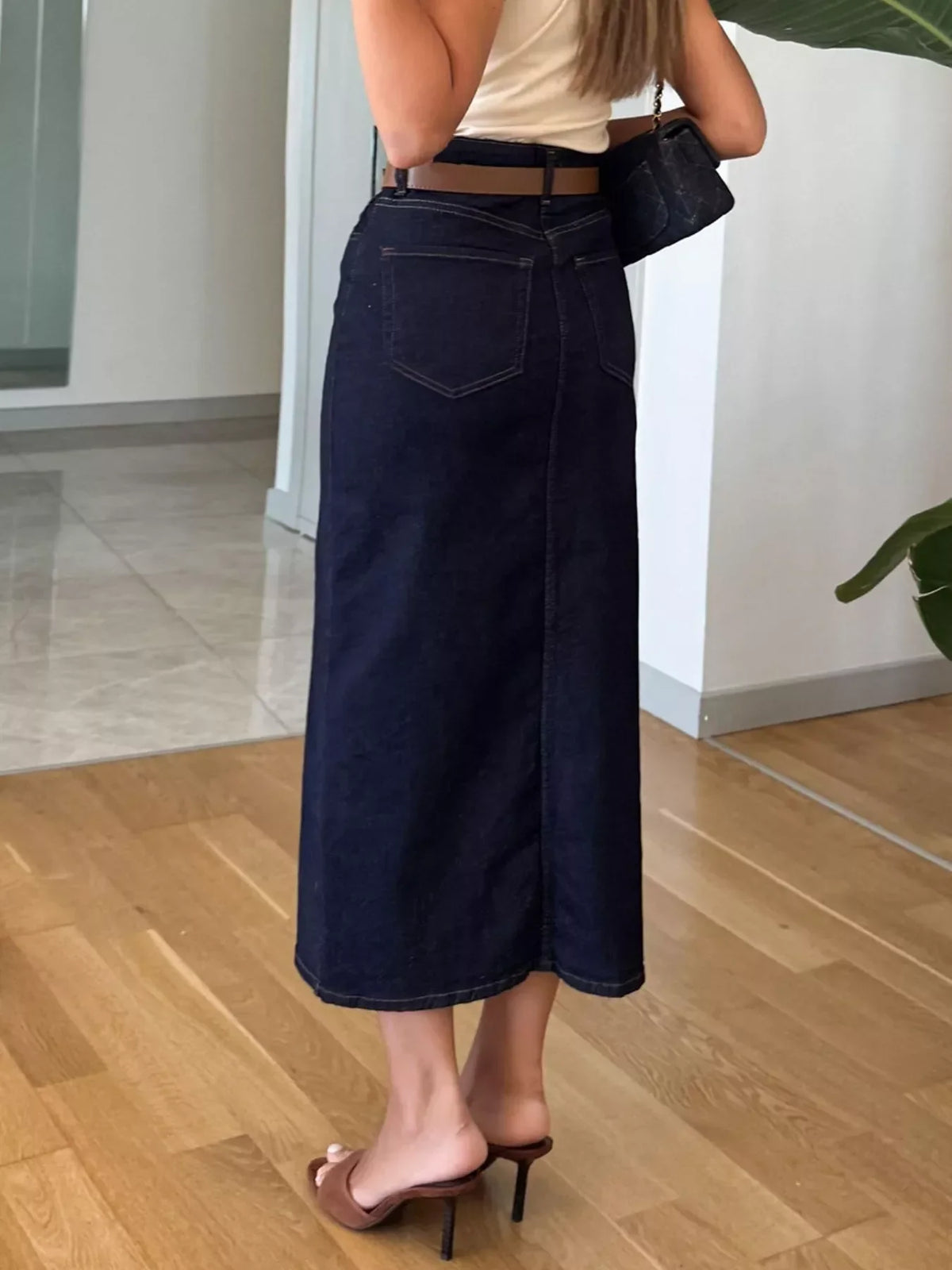 High Waist Front Slit Denim Midi Pencil Skirt 3