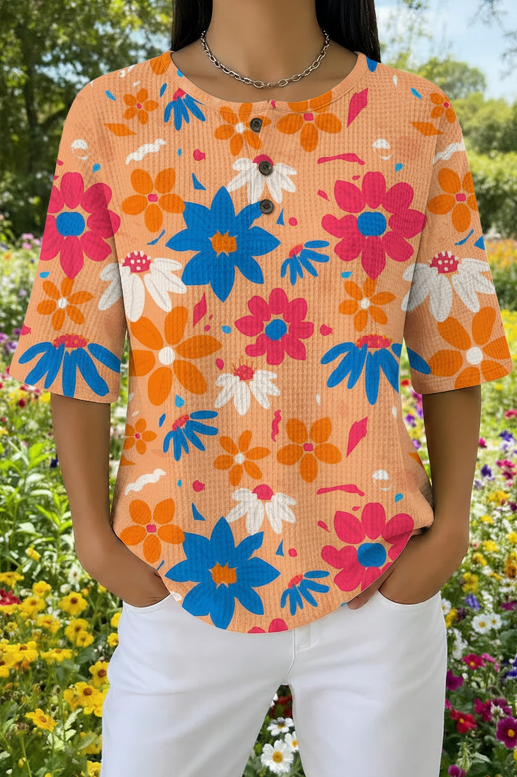 Womens Orange Floral Print Casual Shirt