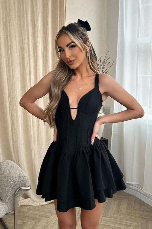 Corset V-Neck Spaghetti Strap Tiered Fit and Flare Mini Dress