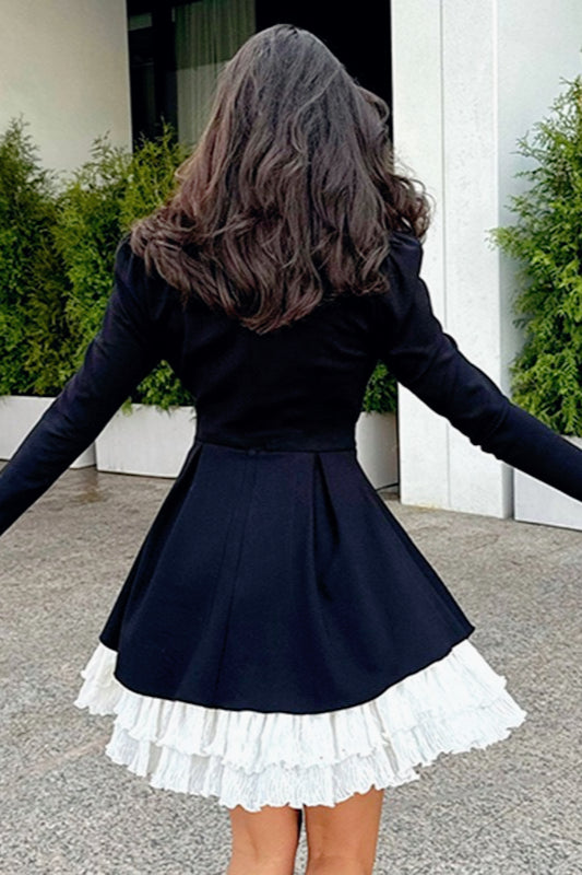 Ruffle High Neck Tie Bow Long Sleeve Fit and Flare Mini Dress