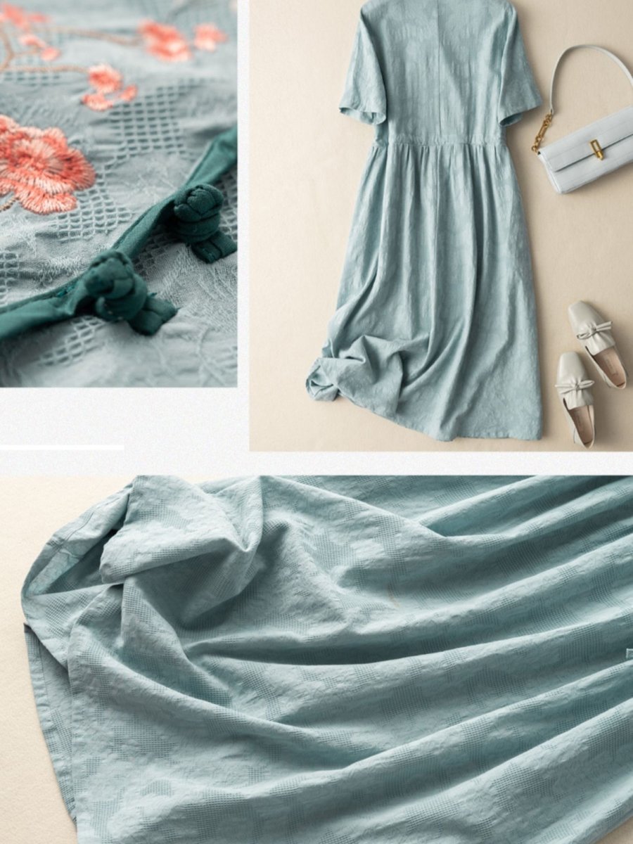 Floral Embroidery Frog Button Crossover V-Neck Tie Waist Midi Dress