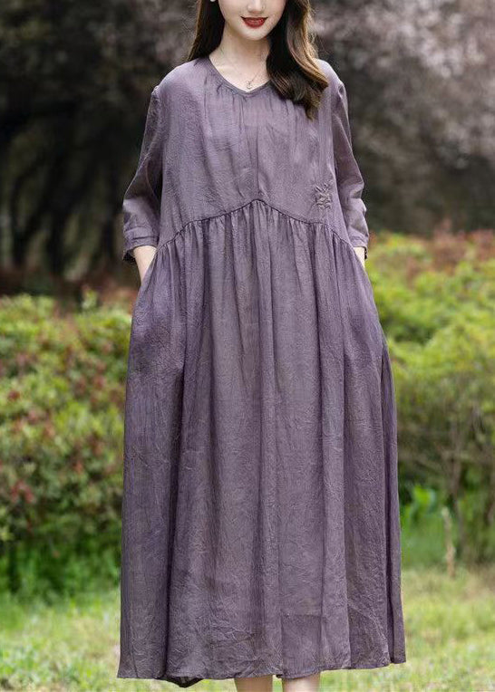 Crinkled Textured Empire Waist Three Quarter Sleeve Embroidered Floral Midi Dress