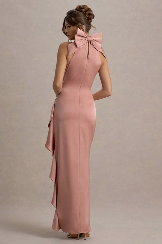 Satin High Neck Bow Back Ruched Ruffle High Split Gown