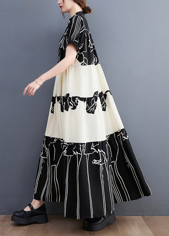 Graphic Print Tiered Mandarin Collar Short Sleeve Button Front Maxi Dress