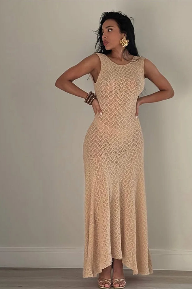Alluring O Neck See Through Fit and Flare Maxi Dress
