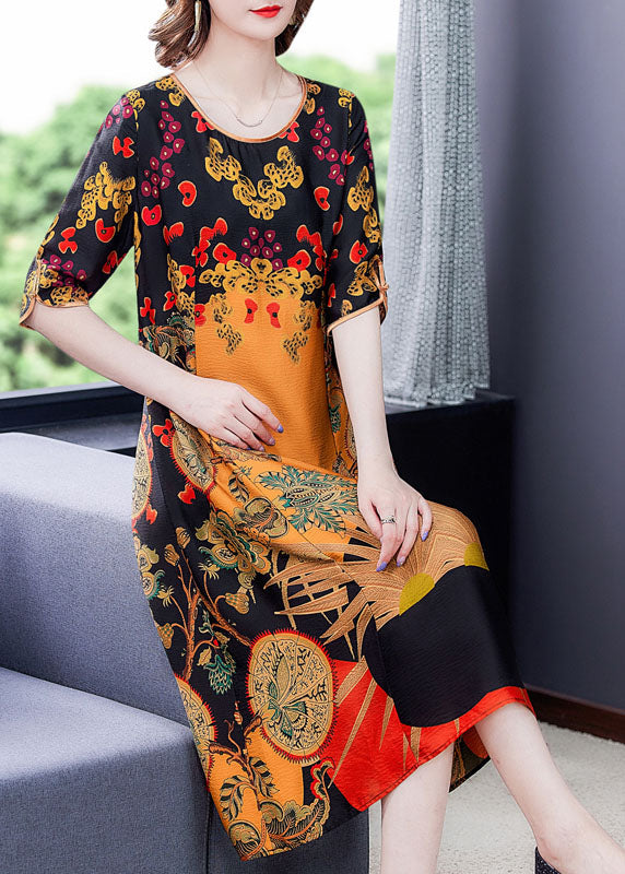 Ethnic Graphic Print Round Neck Elbow Sleeve Contrast Trim Midi Shift Dress