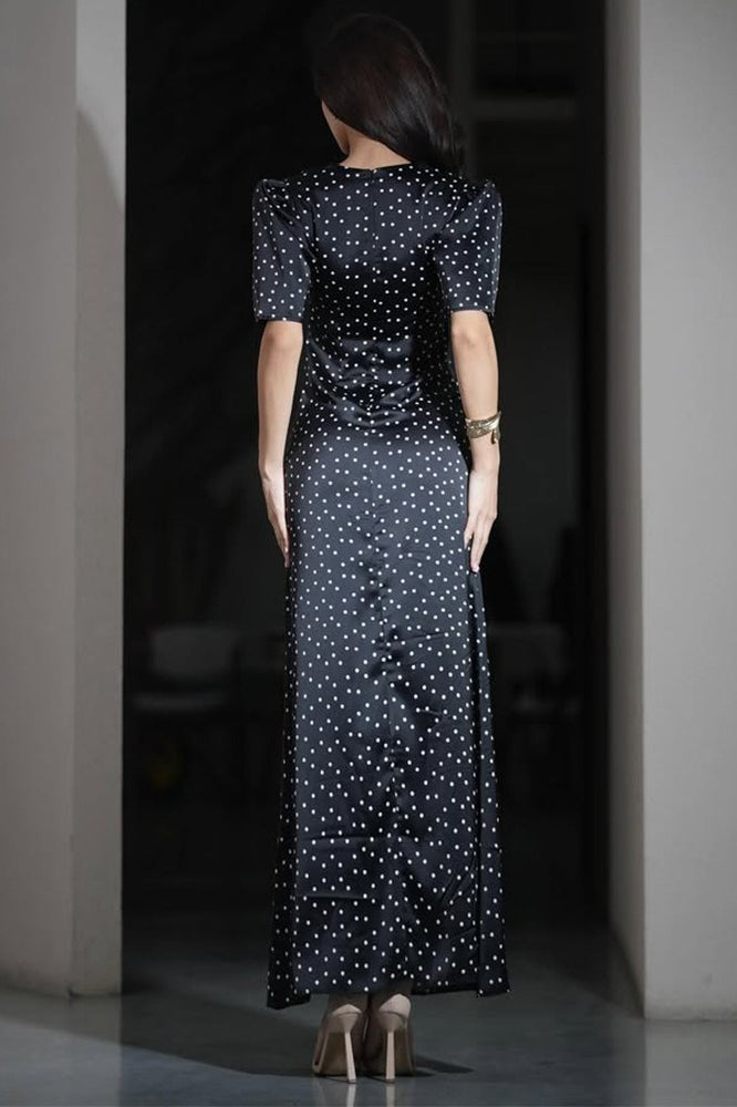 Lace Trim V-Neck Polka Dot Fit Floor Lace Dress