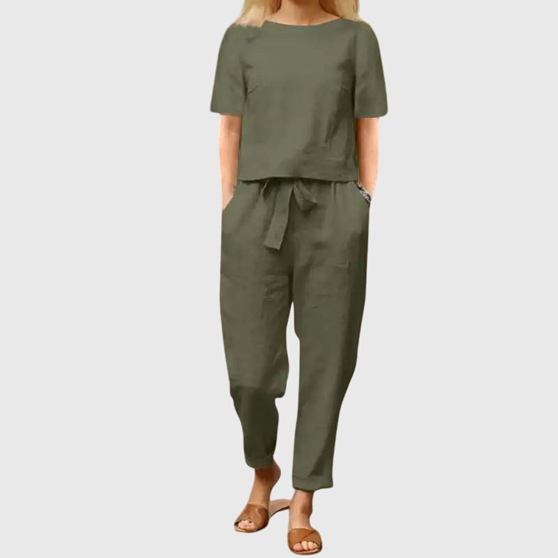 Short Sleeve Top and Tie Waist Tapered Pants Two Piece Set