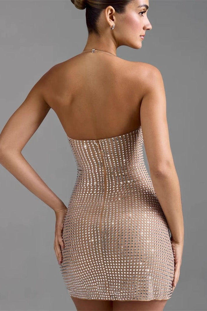 Rhinestone Halter Neck Backless Bodycon Mini Cocktail Dress