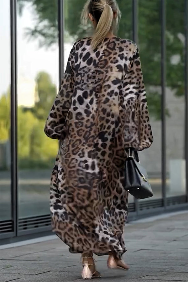 Rayna Lace Mixed Leopard Print Balloon Sleeve A-line Maxi Dress - View 5
