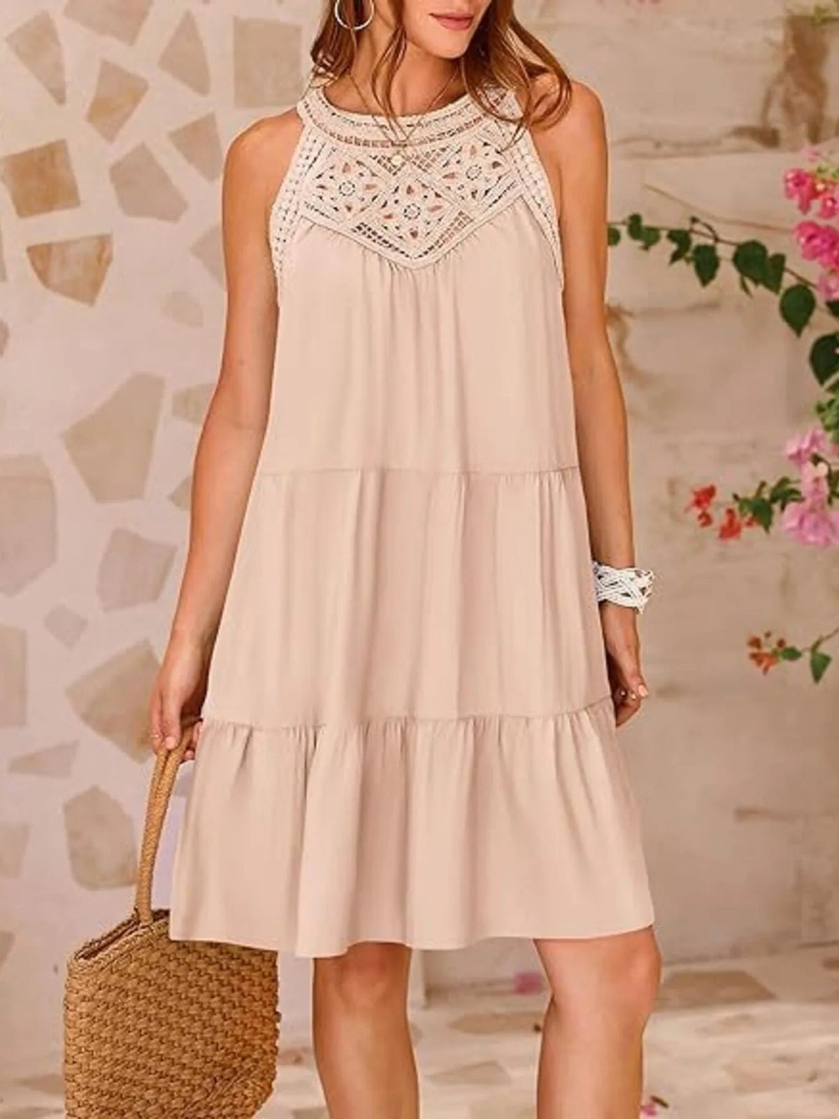 Halter Neck Crochet Lace Yoke Sleeveless Tiered Mini Dress 4
