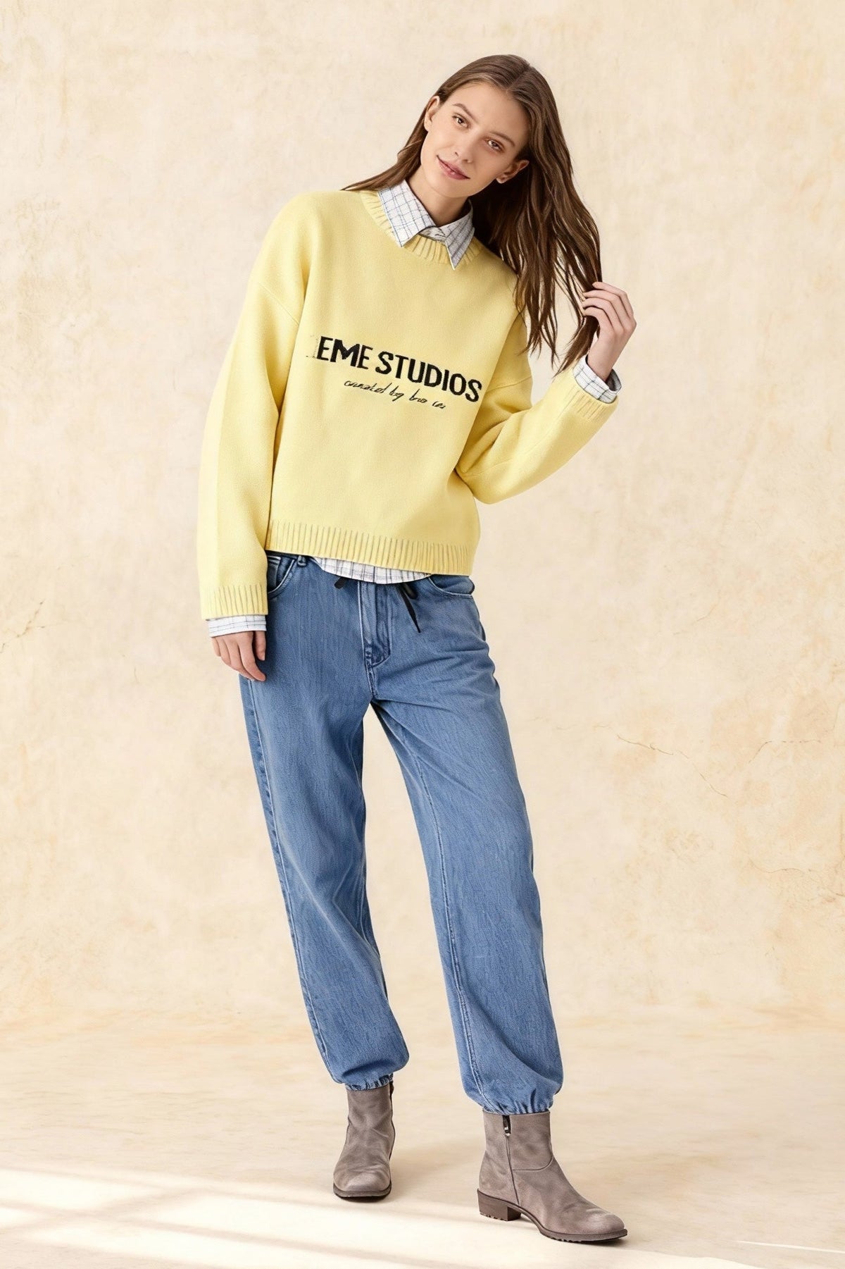Crew Neck Long Sleeve Letter Graphic Ribbed Trim Knit Sweater