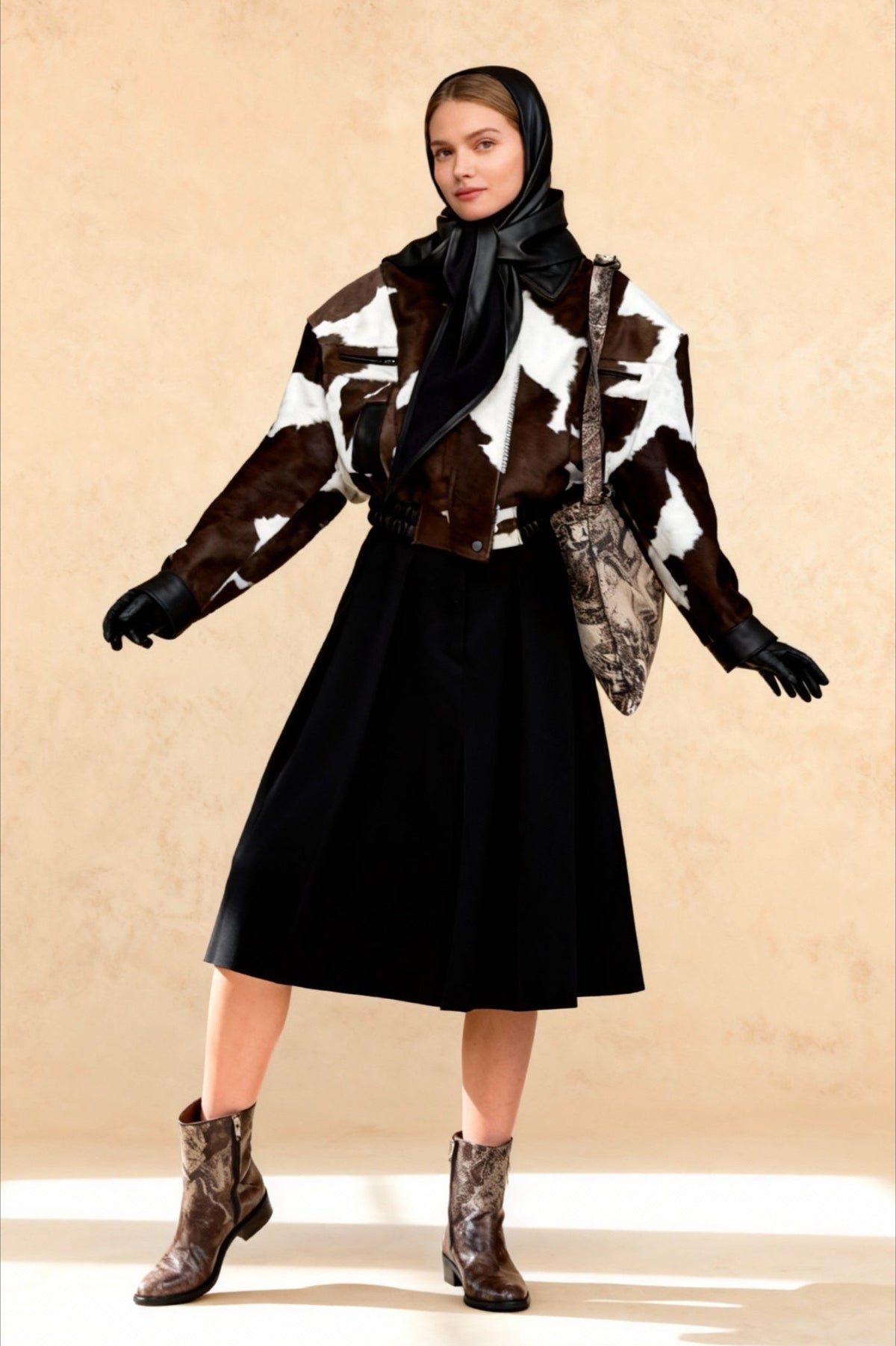 Cow Print Long Sleeve Elastic Hem Cropped Bomber Jacket
