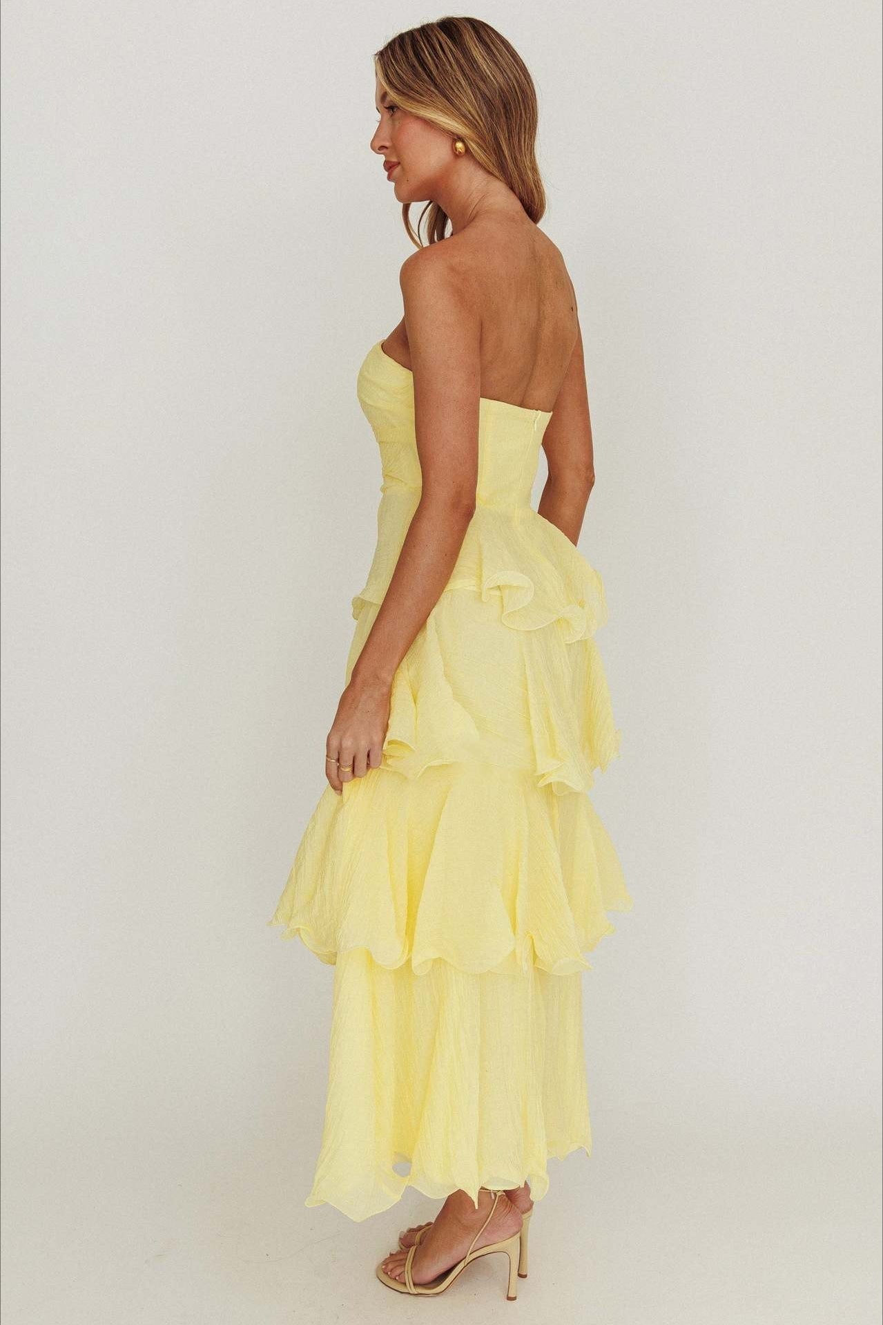 Strapless Tiered Ruffle Fit and Flare Midi Dress
